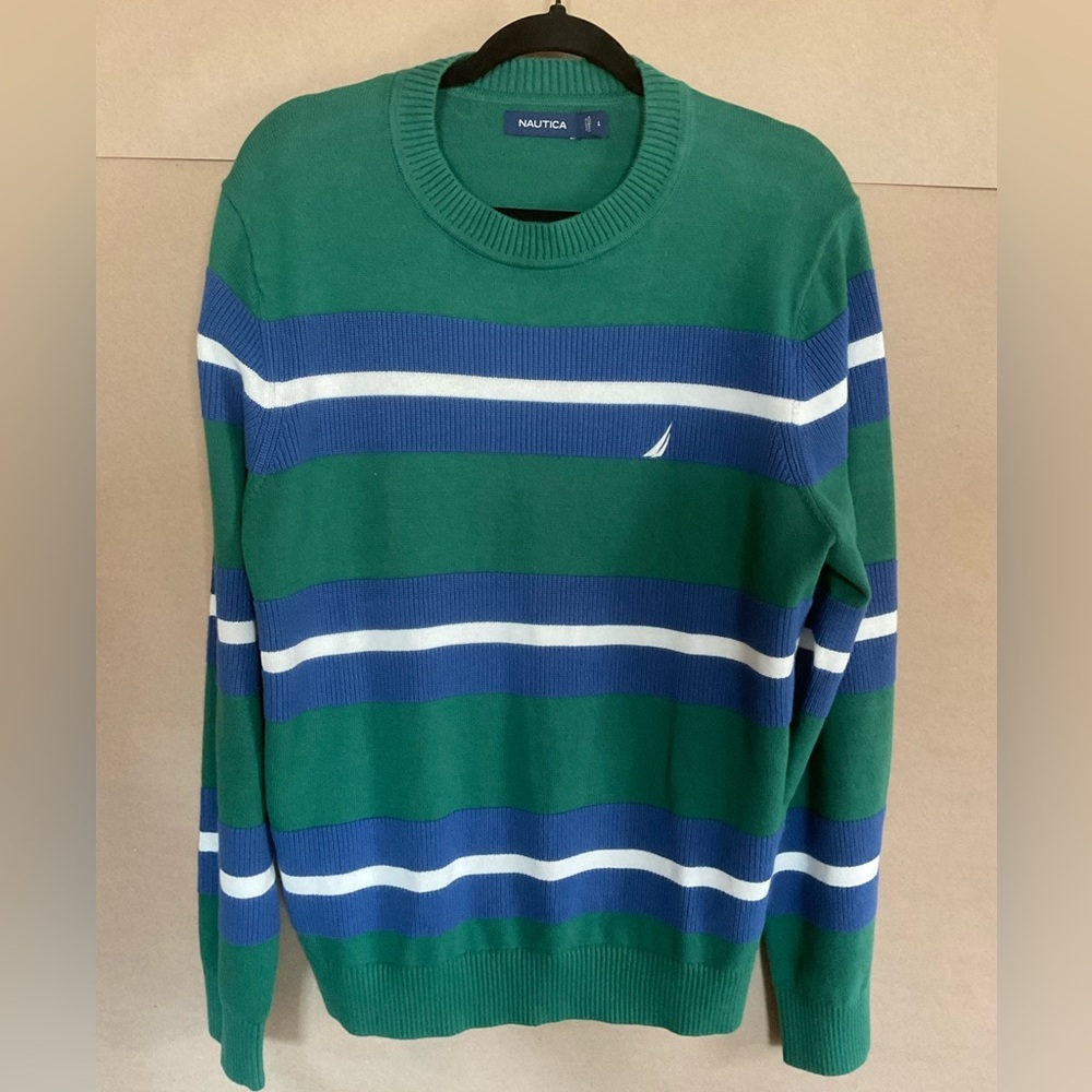 Nautica Green and Blue Striped Men's Sweater. Size L